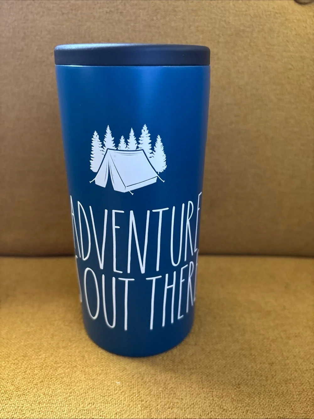 RAE DUNN “ADVENTURE IS OUT THERE” Slim-Can Cooler Stainless Steel 12oz BLUE -NEW